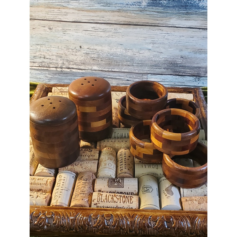 MCM 1960s Salt Pepper Shakers and Napkin Rings Set Natural Wood Marquetry Style